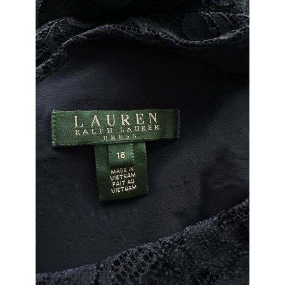 Lauren Ralph Lauren Navy Lace Evening Dress Midi Cap Short Sleeve Waist Size 18 - Picture 8 of 9